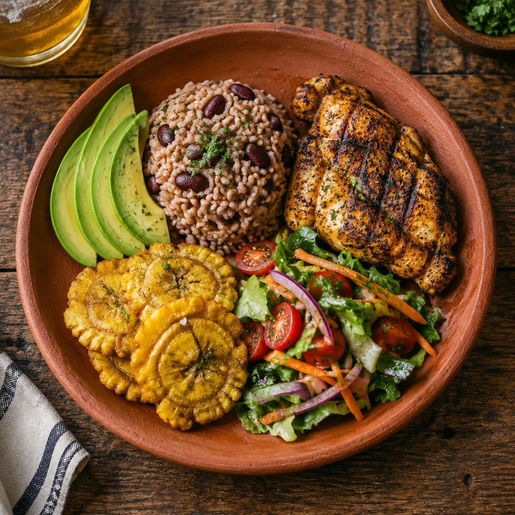 Plato saludable de arroz, habichuelas y pollo